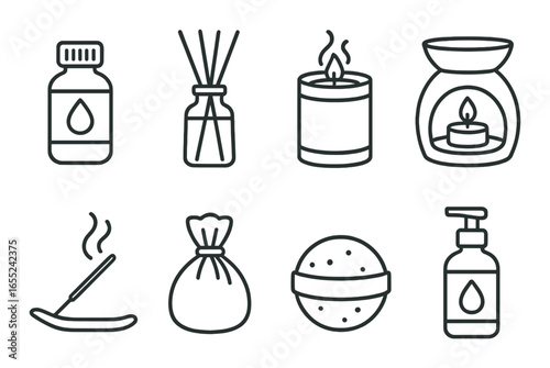 Linear aromatherapy icon set featuring oil bottle, diffuser, candle, burner, incense, sachet, bath bomb, and lotion