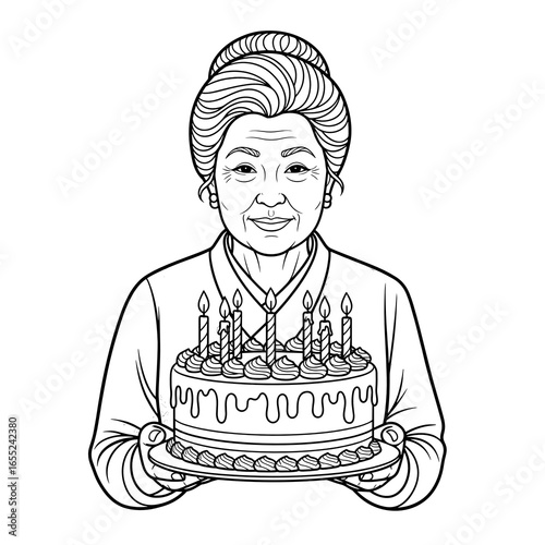Elderly Asian woman holding a decorated cake with candles and a warm smile