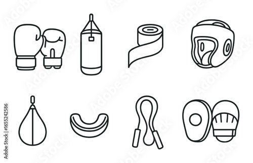 Silhouette boxing icon set featuring gloves, punching bag, tape, headgear, speed bag, mouthguard, jump rope, and pads