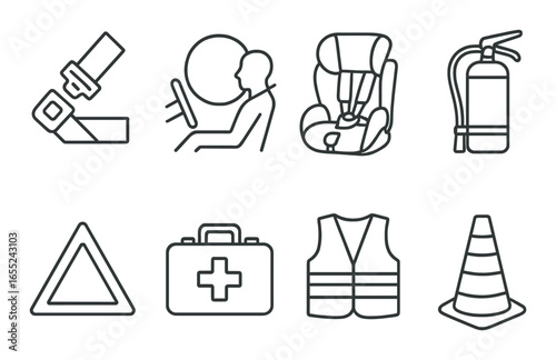 Linear safety icon set featuring seatbelt, airbag, child seat, fire extinguisher, and warning symbols