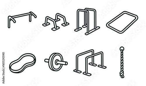 Silhouette fitness icon set featuring pull-up bar, parallel bars, dip station, exercise mat, pool, barbell, rope