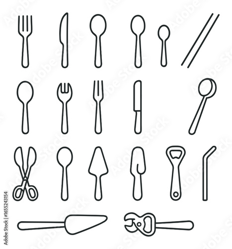 Linear kitchen utensil icon set featuring fork, knife, spoon, chopsticks, tongs, and peeler symbols
