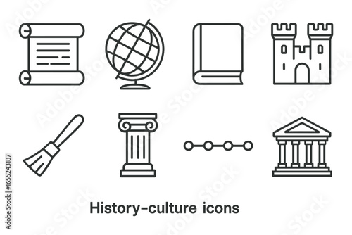 Linear history-culture icon set featuring scroll, globe, book, castle, brush, column, timeline, museum