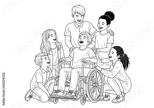 Black and white sketch of a group of children joyfully interacting with a boy in a wheelchair, promoting inclusivity and friendship