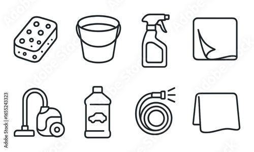 Linear cleaning tools icon set featuring sponge, bucket, spray bottle, cloth, vacuum, detergent