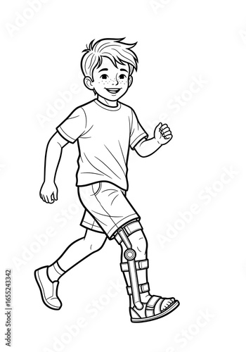 Black and white sketch of a determined boy walking with a leg brace, representing strength and perseverance