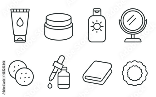 Linear skincare icon set featuring lotion, cream, sunscreen, mirror, cotton pads, serum, towel, cleanser