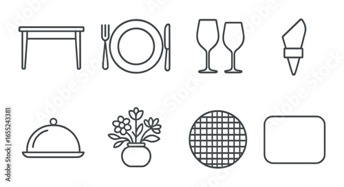 Silhouette dining icon set featuring table, plate, glasses, napkin, cloche, flowers, mat, and coaster