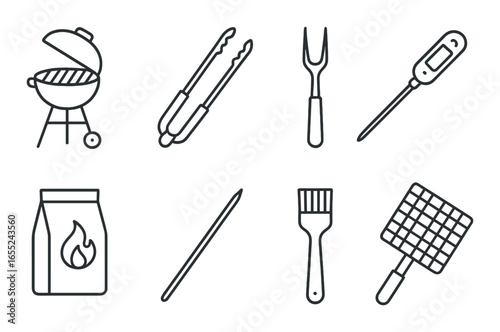 Silhouette bbq icon set featuring grill, tongs, fork, thermometer, charcoal, skewer, brush, and basket
