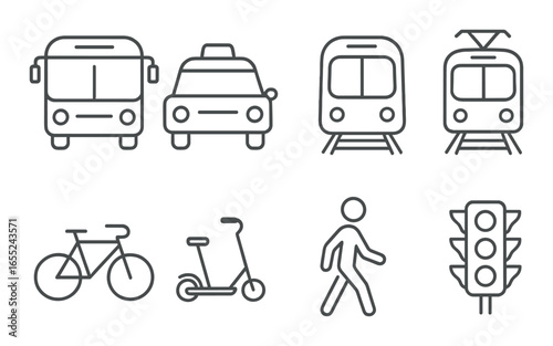 Silhouette transportation icon set featuring bus, taxi, train, tram, bicycle, scooter, pedestrian, traffic light