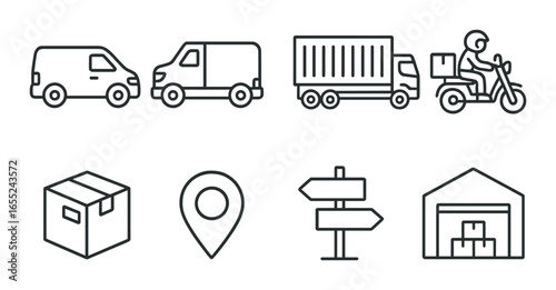 Linear logistics icon set featuring truck, van, motorcycle, package, location, warehouse, and signpost symbols