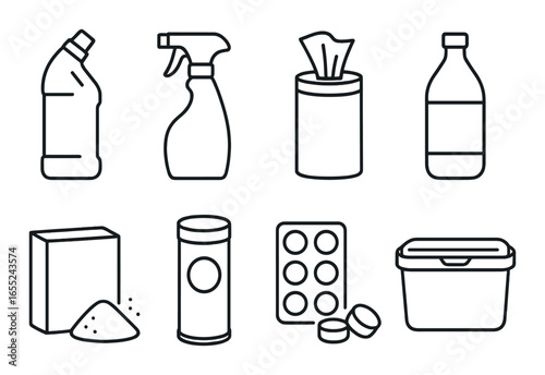 Silhouette cleaning products icon set with spray bottle, detergent, wipes, tablets, box, canister
