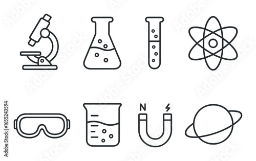 Linear science icon set featuring microscope, flask, test tube, atom, goggles, beaker, magnet, planet