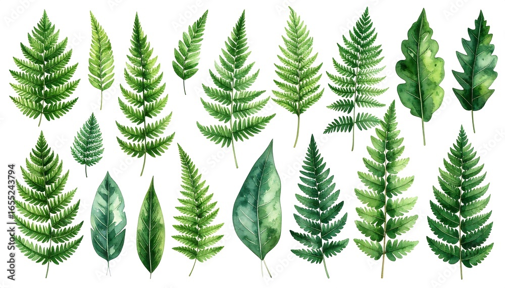 Fototapeta premium Variety of watercolor fern and leaf illustrations.