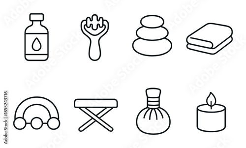 Silhouette spa icon set featuring oil, comb, stones, towel, massage, table, perfume, candle symbols