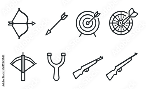 Silhouette weapon icon set featuring bow, arrow, target, crossbow, slingshot, rifle symbols
