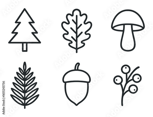 Silhouette nature icon set featuring tree, oak leaf, mushroom, fern, acorn, and berry symbols