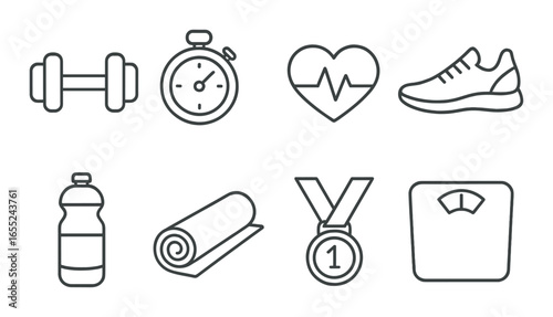Silhouette fitness icons set featuring dumbbell, stopwatch, heart rate, shoe, bottle, yoga mat, medal, and scale
