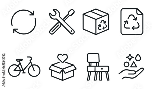 Silhouette eco icon set featuring recycle, tools, package, bicycle, love box, chair, and nature symbols