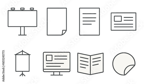 Linear document icon set featuring billboard, folder, file, card, stand, monitor, brochure, and sticker icons