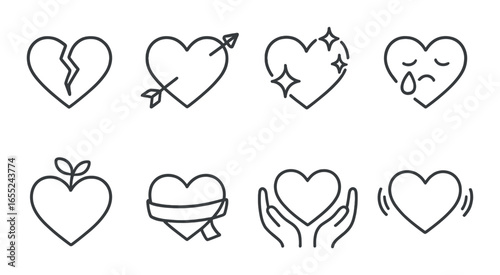 Silhouette love icon set featuring broken, arrow, sparkling, sad, apple, bandaged, caring, and shaking hearts
