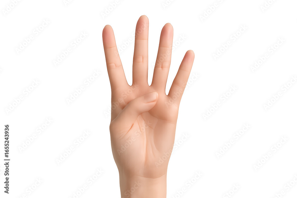 Fototapeta premium Human hand showing four fingers isolated on transparent background, gesture