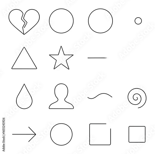 Silhouette geometry icon set featuring heart, circle, triangle, star, line, person, swirl, and arrow symbols