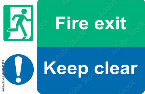 Green and white vector graphic of a fire exit sign above a blue keep clear sign.it shows a person in a firedoor and  the text Fire Exit and Keep clear