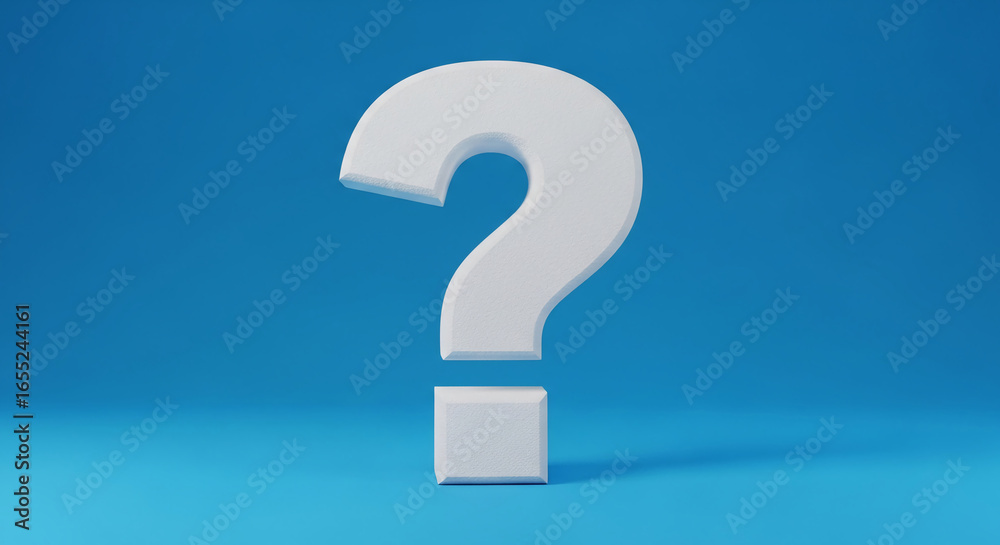 White question mark on blue background, 3D rendered, simple design, symbolizes inquiry, uncertainty, question, puzzle, problem solving White question mark on blue background, 3D rendered, simple design, symbolizes inquiry, uncertainty, question, puzzle, problem solving