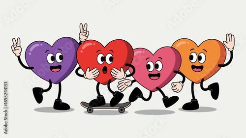 Hearts cartoon characters skateboarding love emotion happy friendship valentine heart expression fun