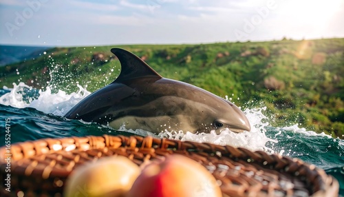 A playful dolphin breaches the ocean surface, showcasing its sleek form against a backdrop of lush greenery and a rustic basket.