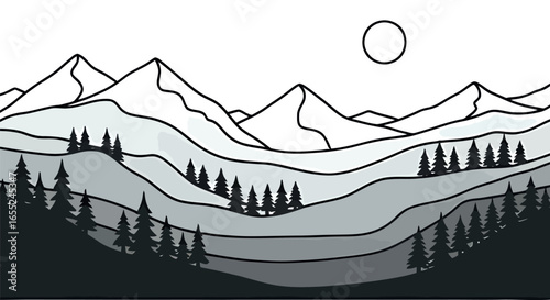 Serene mountain landscape illustration in minimalist black and white style. Vector line art of layered hills, pine forest, and snowy peaks.