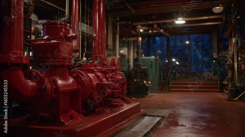 Cinematic interior of a fire pump room, bold red pumps and complex piping stretching across floor and walls, ambient shadows emphasizing structure depth