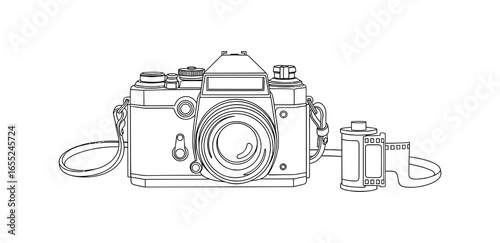 Vintage Camera and Film Roll Line Art Illustration