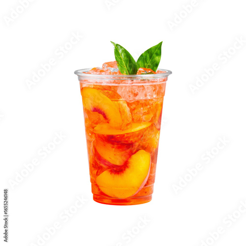 Refreshing Iced Peach Tea in Plastic Cup with Ice and Mint Garnish