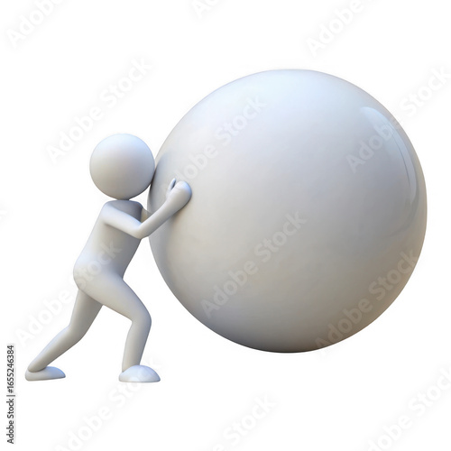White 3d stick figure character pushing a large white sphere with effort and determination on a transparent background isolated on transparent background