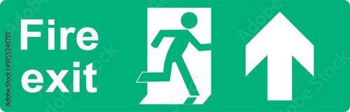 Green and white vector graphic of a fire exit sign. It consists of an arrow pointing up indicating the direction of escape a person in a firedoor and a label with the text Fire Exit.