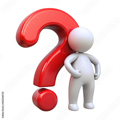 A small white cartoon character stands next to a large shiny red question mark symbol isolated on transparent background