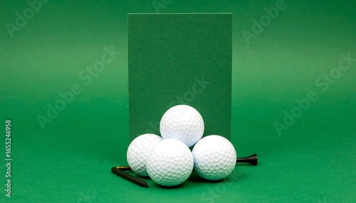 Golf balls and tees arranged on a bright green background.