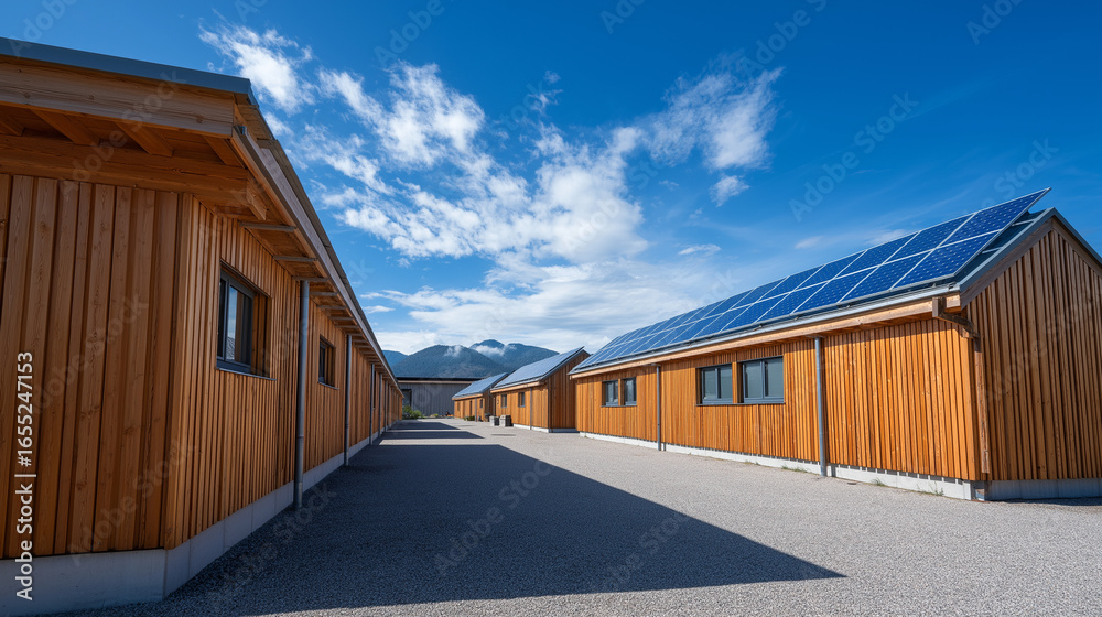 Fototapeta premium Modern Sustainable Mountain Training Base with Solar Panels