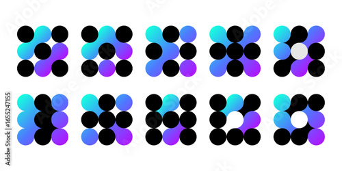 Dot and circle connect icon, an abstract bio-tech logo. Vector shapes leaf, flower and petal. Organic laboratory drops, round green molecule. Innovation science metaball morph, biology medical grid