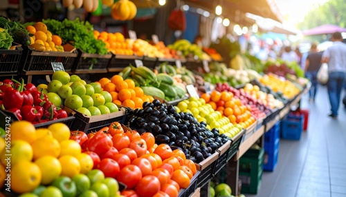 High-quality, professional marketing-style photograph of colorful fruit and vegetable market stalls, shot with a 50mm lens, eye-level angle, minimalist composition with clear focal point on produce, s