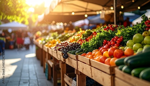 High-quality, professional marketing-style photograph of colorful fruit and vegetable market stalls, shot with a 50mm lens, eye-level angle, minimalist composition with clear focal point on produce, s