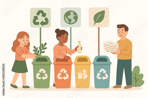 Stylized Flat Vector Illustration of a Friendly Neighborhood Recycling Station — People Sorting Waste with Eco Icons
