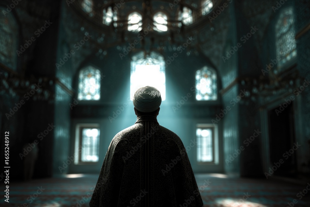 Naklejka premium Islamic praying figure in ornate garment facing bright windows inside grand mosque with hanging lamps and patterned carpet, bathed in soft divine light, creating a serene spiritual atmosphere.