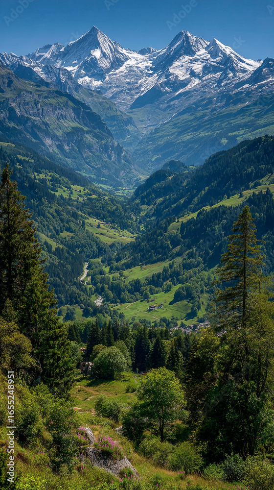 Scenic view of the Swiss Alps with snowy peaks, lush forest valleys, and green meadows, a serene countryside landscape in Switzerland, perfect travel destination wallpaper background. Scenic view of the Swiss Alps with snowy peaks, lush forest valleys, and green meadows, a serene countryside landscape in Switzerland, perfect travel destination wallpaper background.