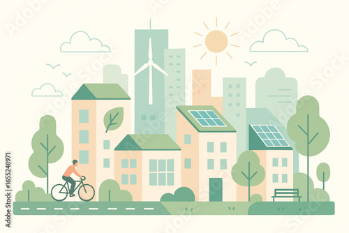 Stylized Flat Vector Illustration of a Futuristic Eco City — Green Rooftops, Bike Lanes, Solar Panels, and Parks