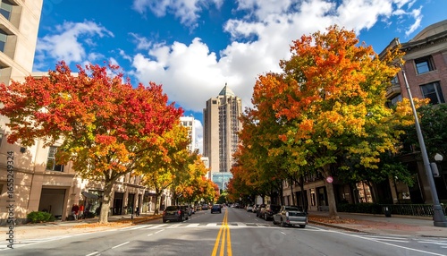 Autumnal city street lined with colorful trees.