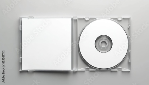 Open clear plastic CD jewel case with blank white disc and insert for branding. Mock-up of compact disc packaging on soft gray background. Represents digital storage, music or software.