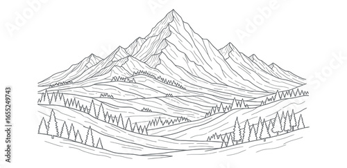 Majestic Mountain Range Line Art Illustration